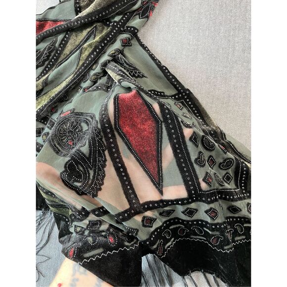 Velvet Burnout Scarf Womens Black Red Green Sheer Paisley Boho Fringe Festival - Picture 2 of 7